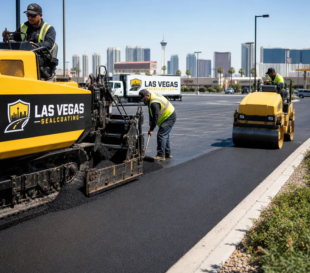 Paving crew placing hot-mix asphalt on a Las Vegas commercial lot with a paver and roller, showing clean curb tie-ins and a smooth finished mat