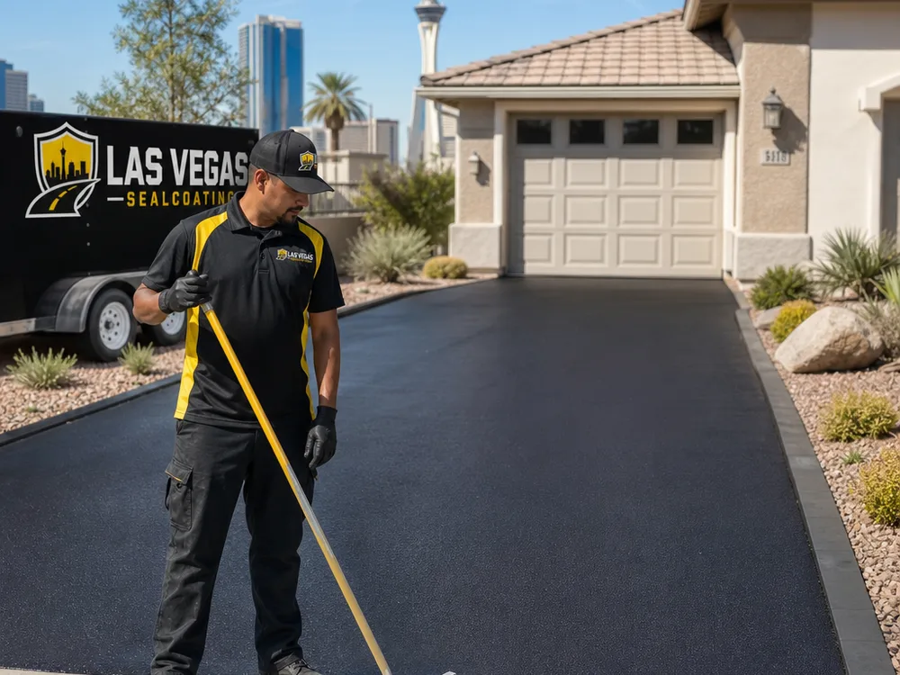 Freshly paved Las Vegas residential driveway with a straight landscape edge and smooth garage apron tie-in
