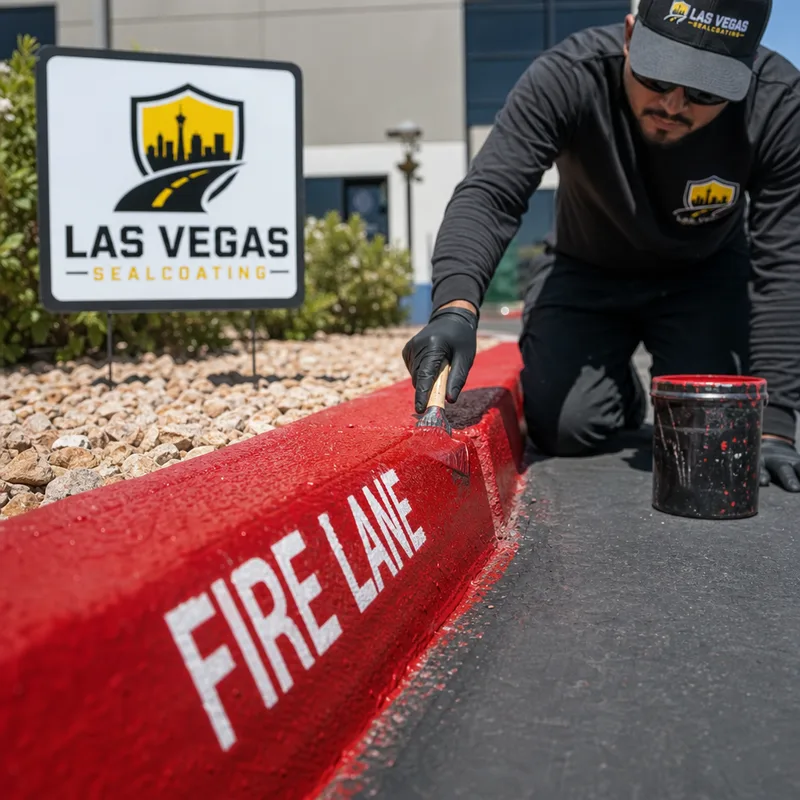 Fresh red curb with FIRE LANE text along a commercial building frontage