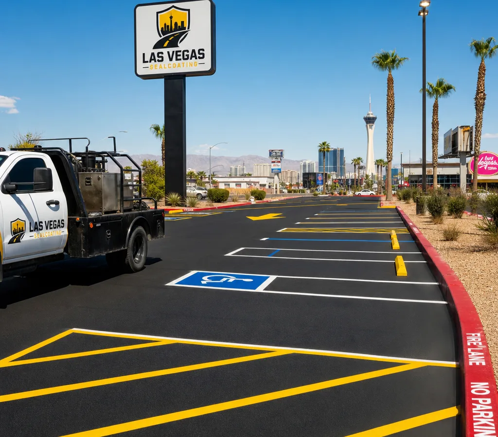 Freshly striped Las Vegas commercial parking lot with white stalls, yellow directional markings, blue accessible spaces, and a red fire lane