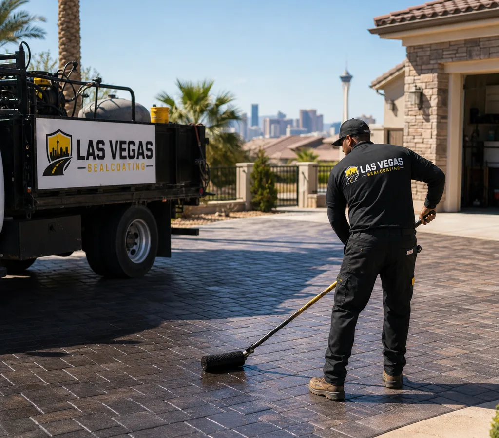 Contractor applying sealer evenly to interlocking pavers on a Las Vegas residential driveway