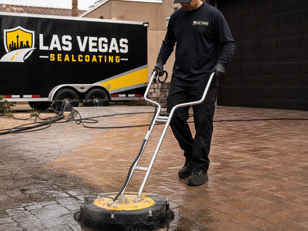 Crew member cleaning pavers with a surface cleaner before sealing