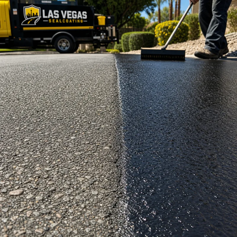 Close-up comparison of an oxidized asphalt driveway and a freshly sealcoated darker section