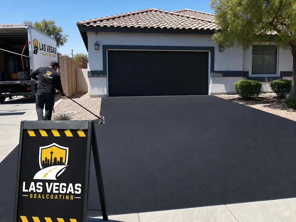 Freshly sealcoated blacktop driveway with crisp borders at the garage and walkway and no overspray on concrete