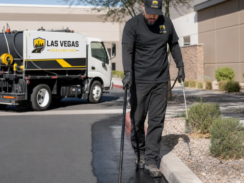 Technician applying sealer along a parking lot curb with a squeegee and spray wand after controlled surface preparation