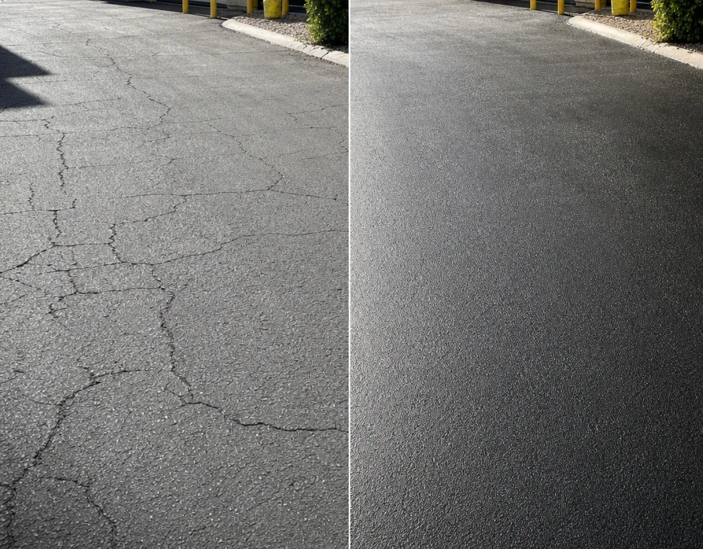 Before-and-after view of block-cracked asphalt with individual cracks sealed to slow raveling and improve surface continuity