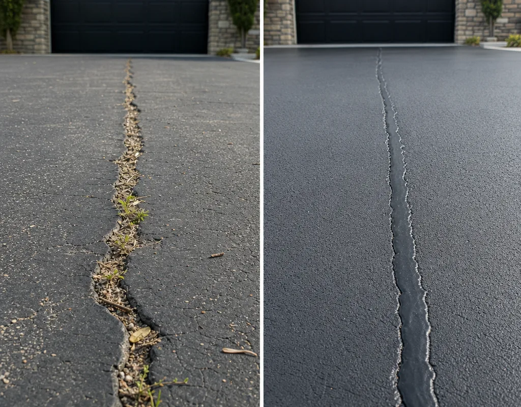 Asphalt driveway crack before cleaning and after crack filling with a neat sealed line flush to the surface