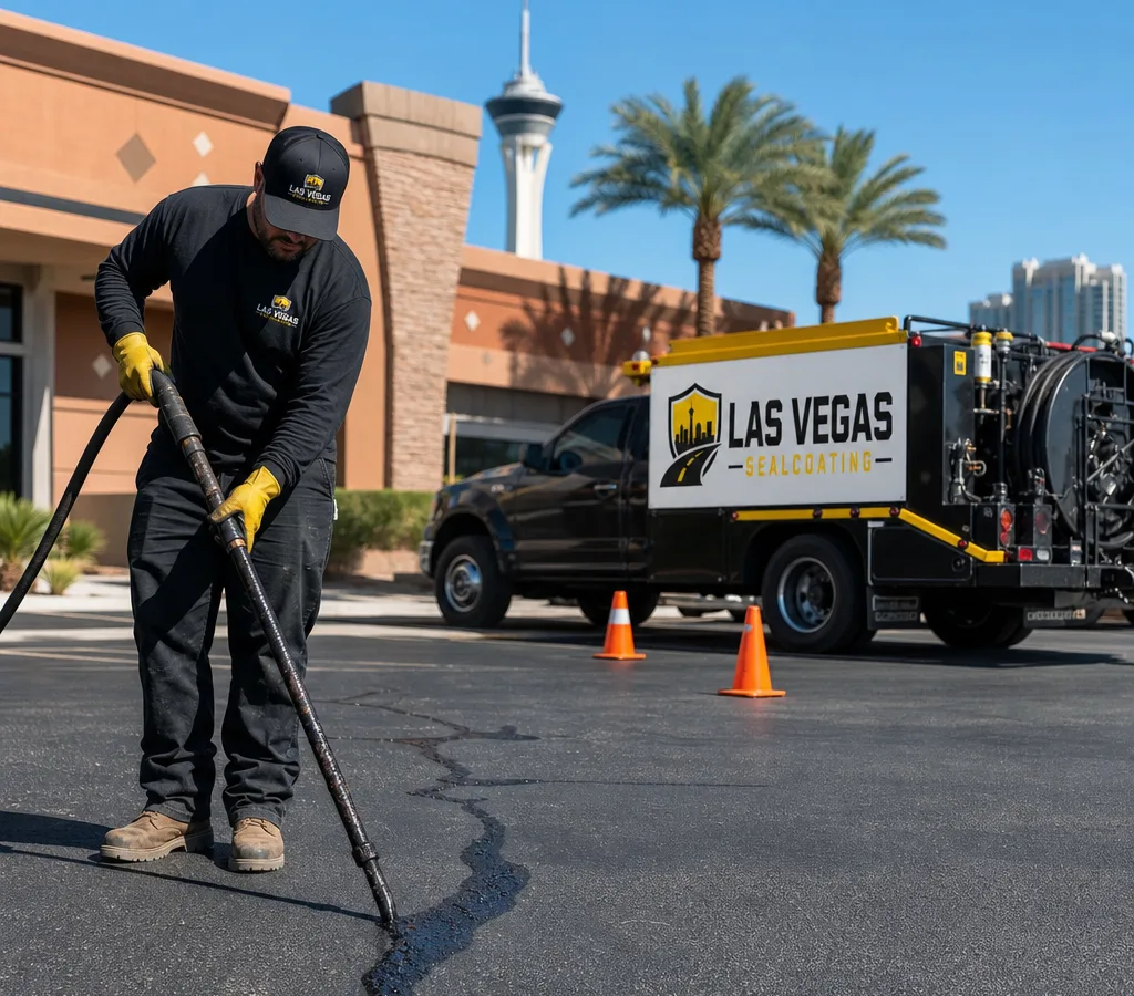 Technician applying hot rubberized crack filler to asphalt cracks on a Las Vegas parking lot with cones and clean finished lines