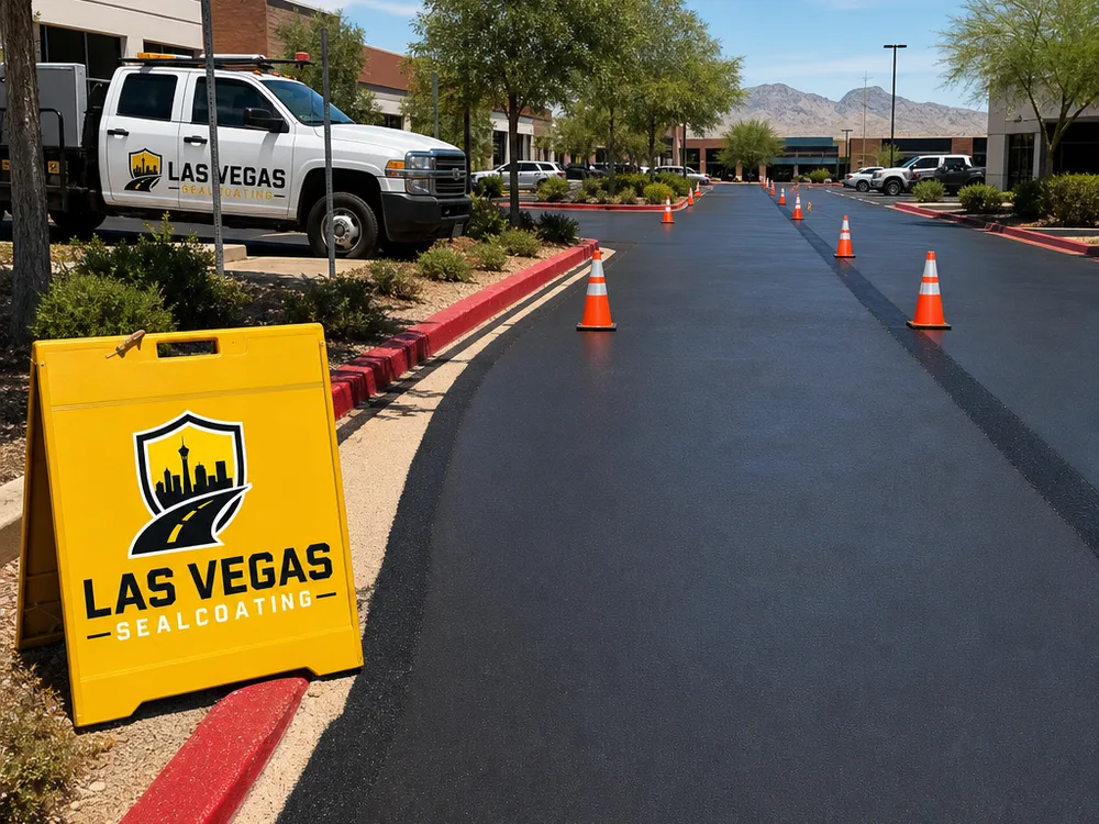 Parking lot lane after crack sealing with consistent overband, clean edges, and cones in place during cure time