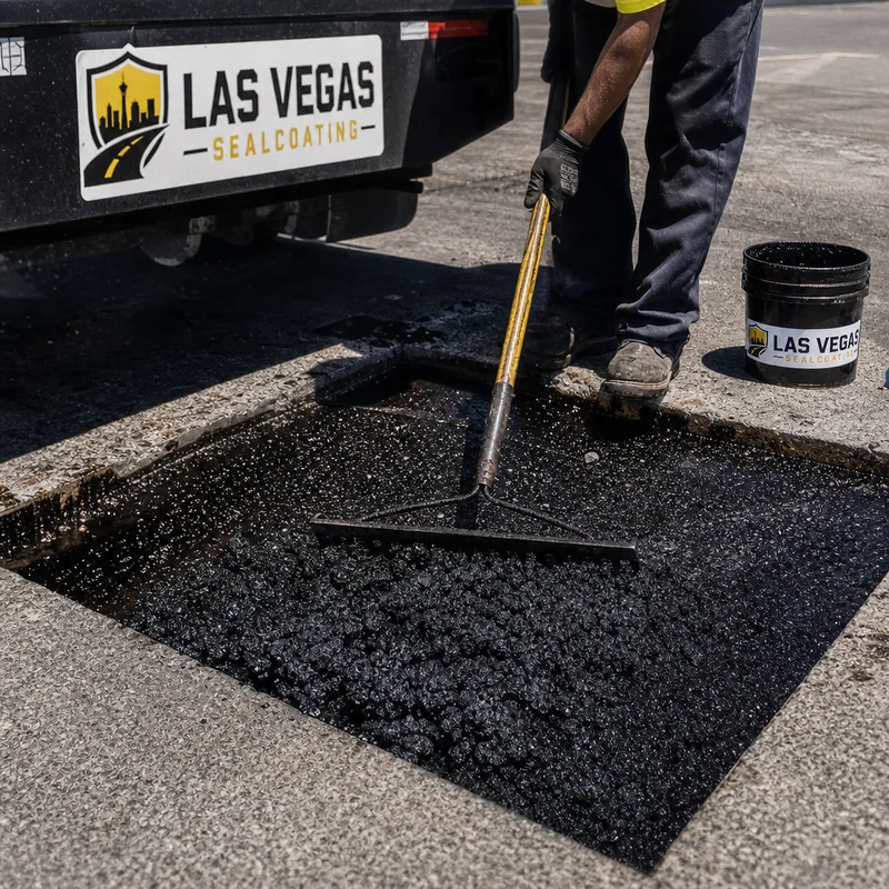 Close-up of a square-cut asphalt patch showing clean saw-cut edges, tack coat application, and fresh hot mix being raked level before compaction