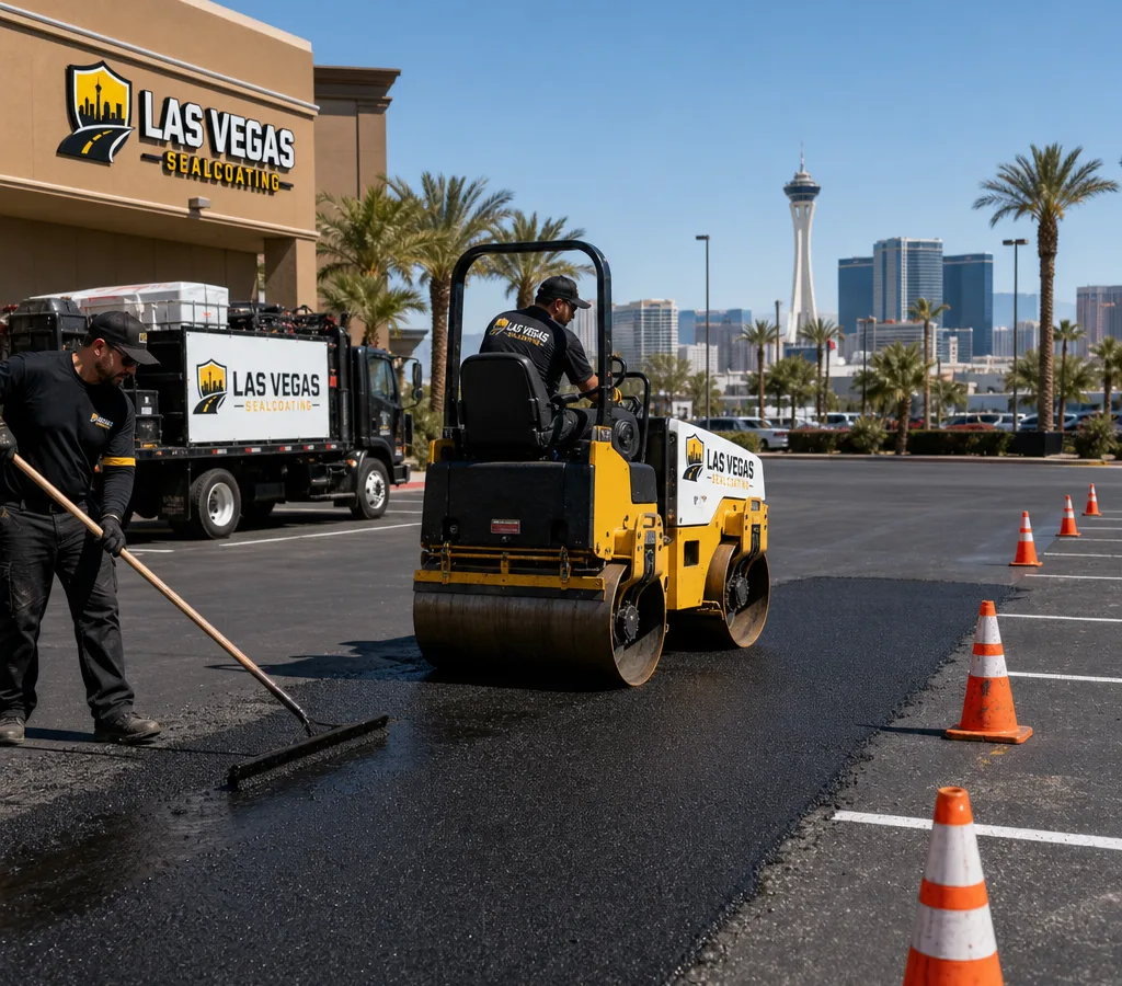 Crew performing hot asphalt patching on a commercial parking lot in Las Vegas with a roller compacting a fresh patch and traffic cones set for safety