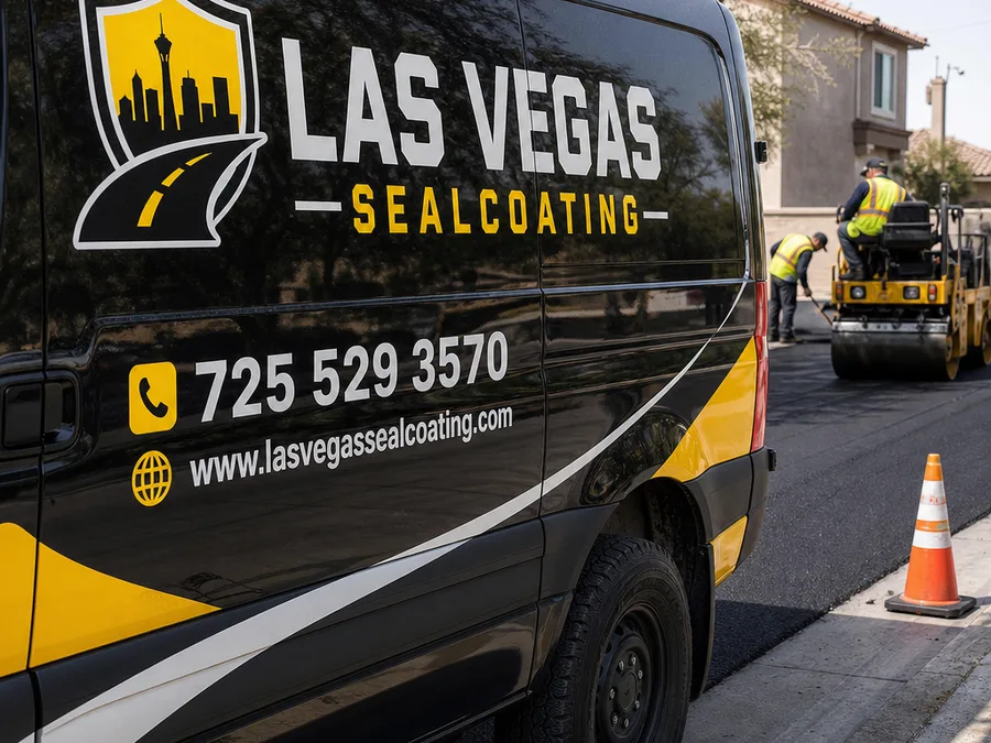 Crew member cleaning and preparing asphalt cracks on a commercial parking lot with marked-off lanes and storefronts in the background