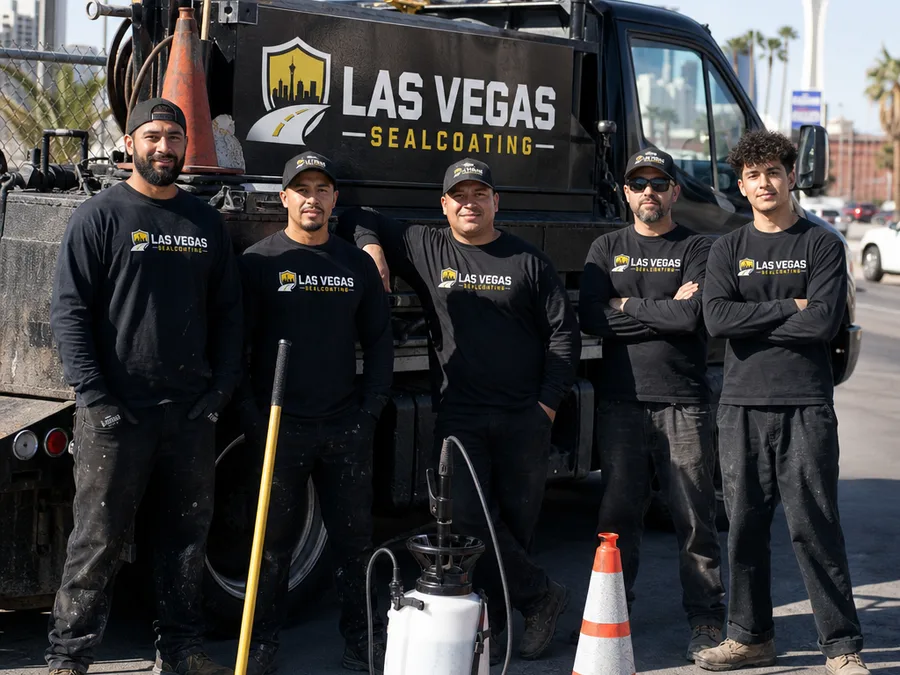Uniformed Las Vegas Sealcoating crew beside a work truck with sealing equipment